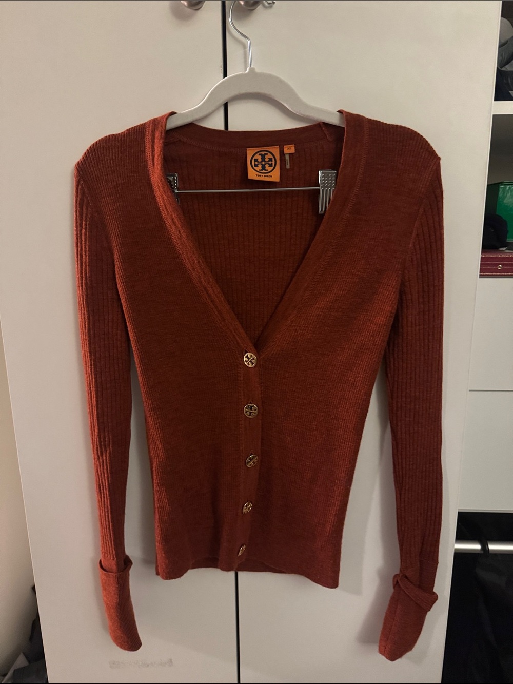 Tory Burch Rust Ribbed V-Neck Button Cardigan